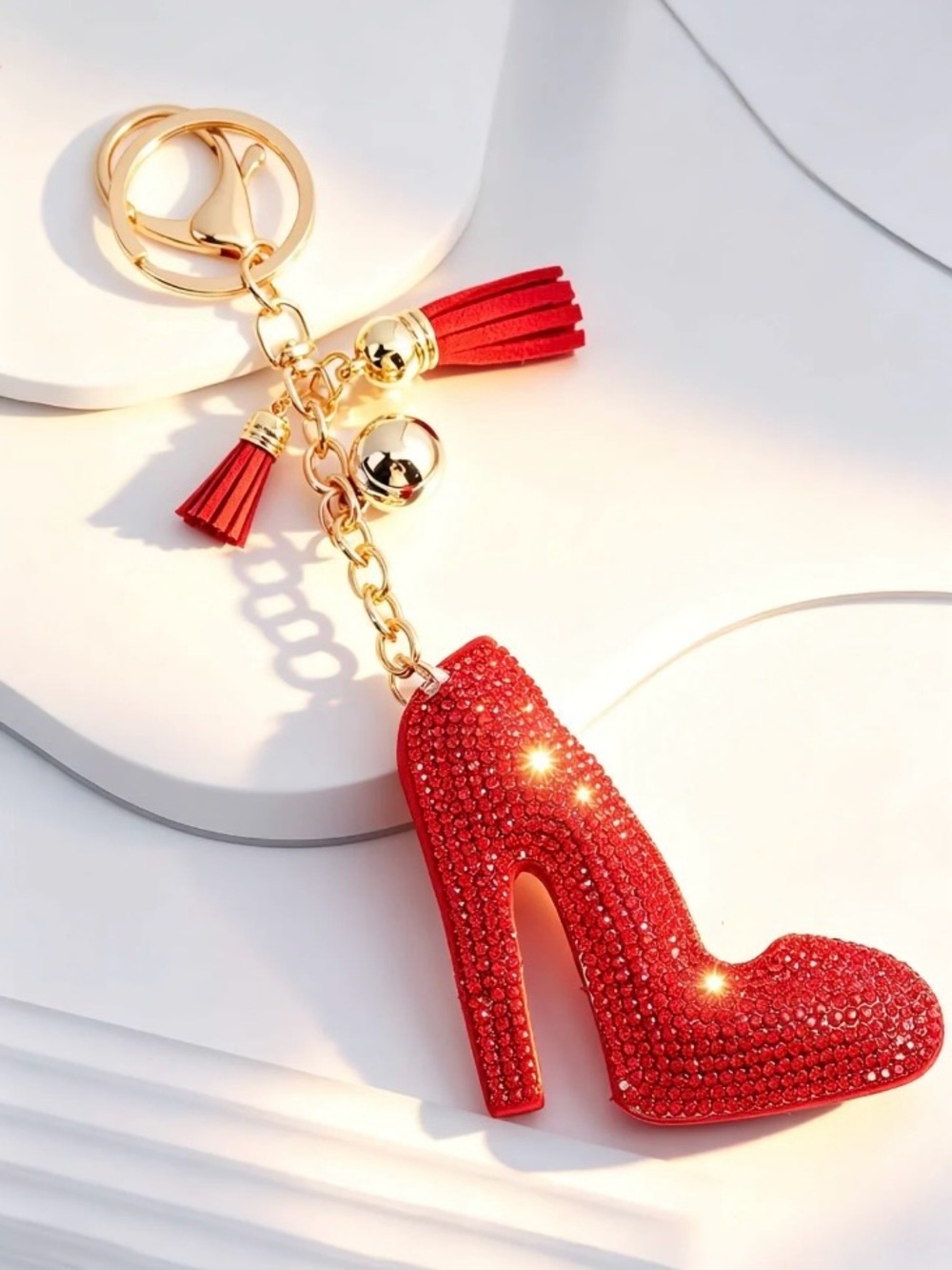 Red Crystal High Heel Keychain with Gold Hardware